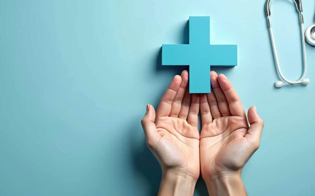 a light blue cross being held in cupped hands, symbolizing medical care and health coverage.