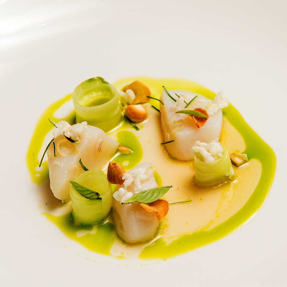 Pan-seared scallops elegantly plated with cucumber ribbons and a bright herb oil.
