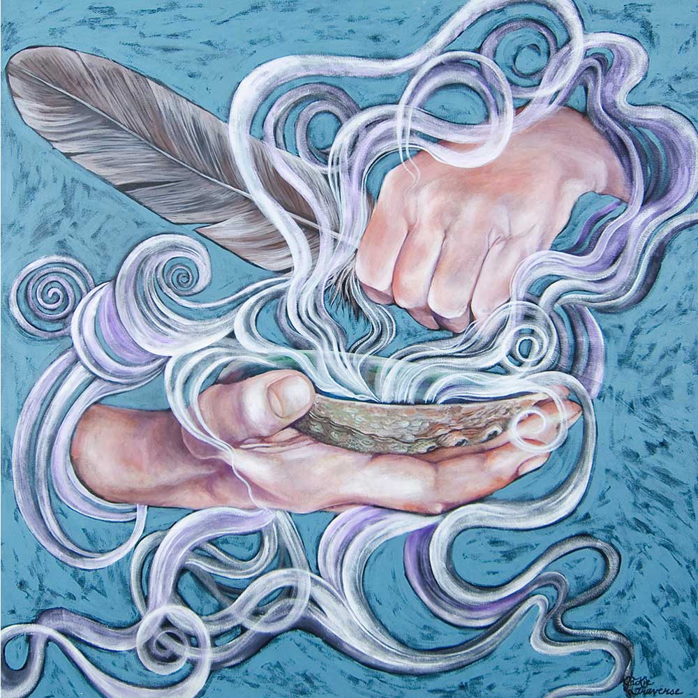 Indigenous art painting by artist Jackie Traverse depicting a traditional Indigenous smudging ceremony