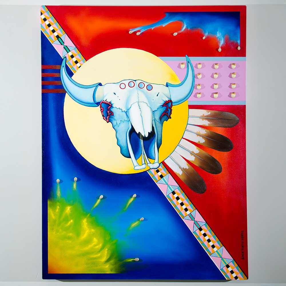 indigenous art painting of an animal skull with feathers and patterns