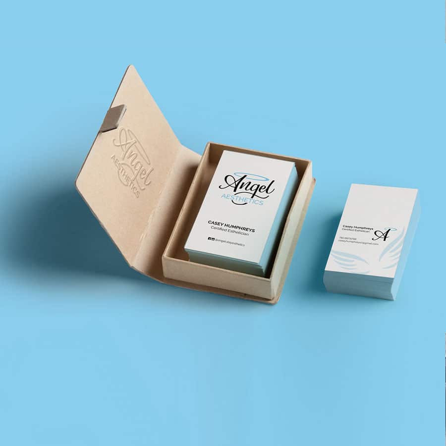 A branding mockup featuring business cards and a matching embossed storage box for an esthetician service.