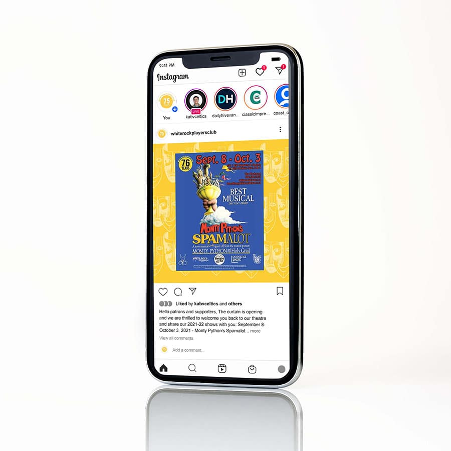 mockup of a smartphone displaying an Instagram post for a local production of the musical "Spamalot."