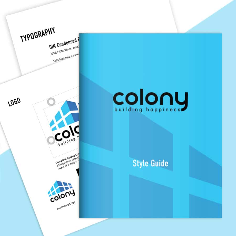 A brand identity presentation for "Colony," showing a professional style guide booklet with typography and logo specifications.