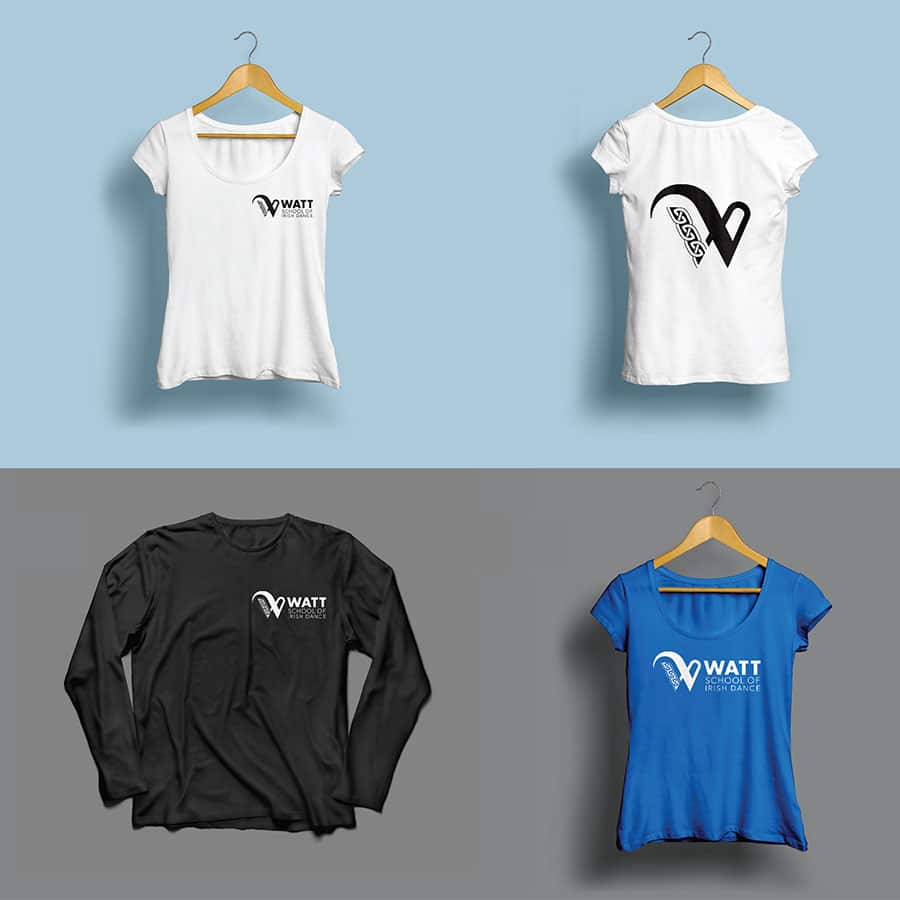 A collection of apparel mockups showcasing various t-shirt designs for the Watt School of Irish Dance.