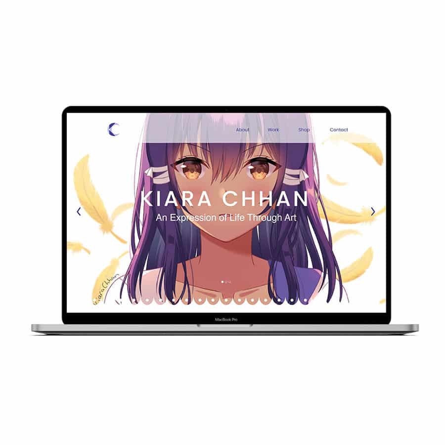 A laptop mockup displaying a portfolio homepage for an artist, featuring anime-style illustration and clean navigation.