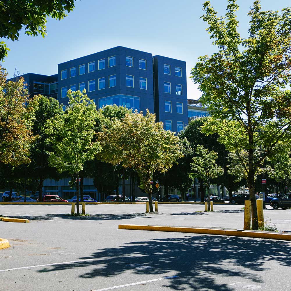The sleek, blue multi-story facade of Building B is viewed through a lush canopy of green trees from the campus parking lot.
