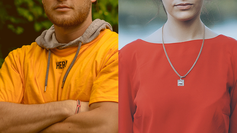 Two-sided image: man wearing orange shirt, woman wearing red dress