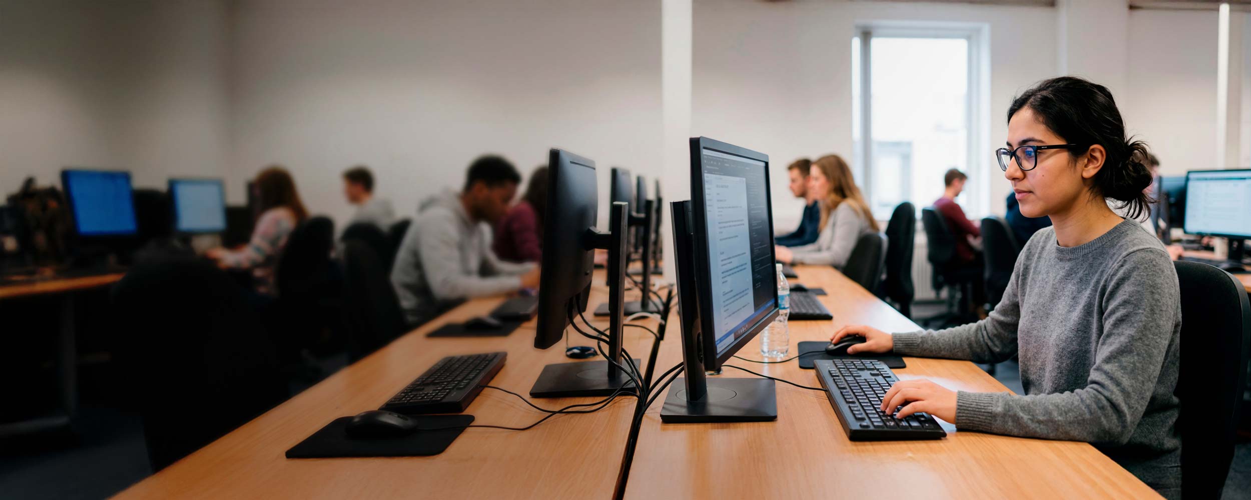 A student wearing glasses works on a desktop computer in a busy, brightly lit college computer lab.