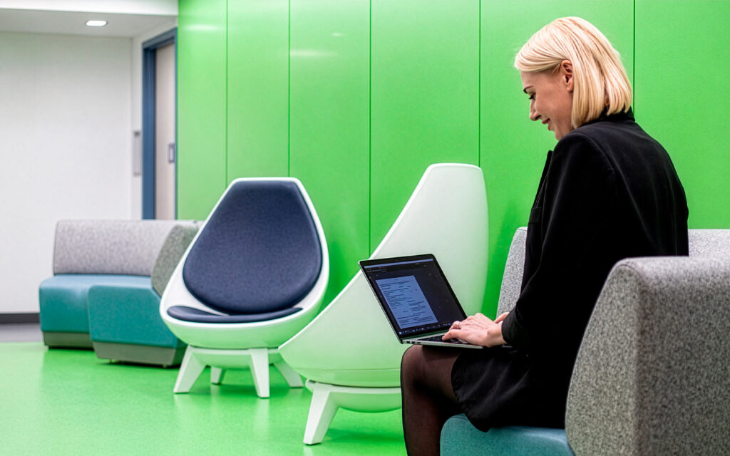 A blonde woman in a black blazer sits on a modular sofa in a modern office lounge area, working on her laptop against a bright green feature wall.