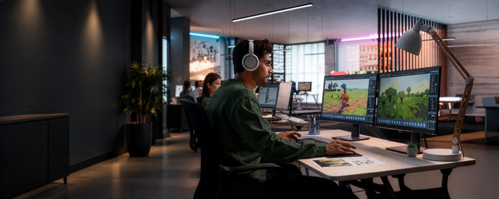An animator wearing headphones sits at a modern workstation, editing 3D animated character sequences across dual monitors in a moody, dimly lit studio space.